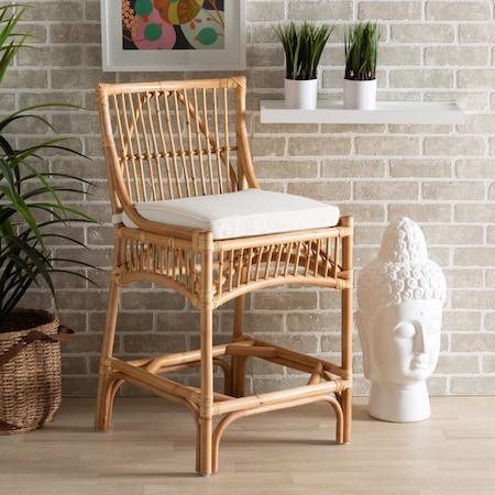 Baxton Studio Rose Modern Bohemian White Fabric Upholstered and Natural Brown Rattan Counter Stool 203-12590